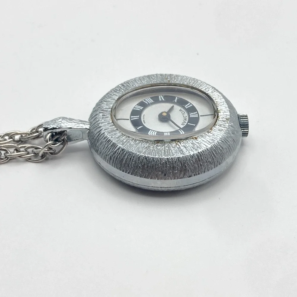 Vtg Woldman Necklace Pendant Watch Silver Tone Swiss Made 36mm Manual Wind Up